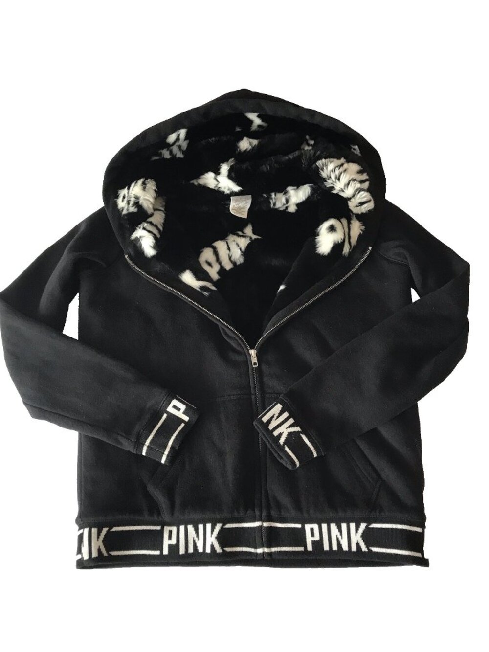 PINK Victoria Secret Hoodie Small Zip Up Fur Black White Sweatshirt Logo Dog Y2K